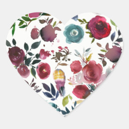 Adesivo Coração Burgundy Red Watercolor Floral Wedding Heart Seal