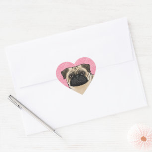 Adesivo Coração Cabeça de cachorro Pug cor de gamo em Close-Up sob