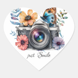 Adesivo Coração Câmera de 35 mm com flores e borboletas