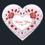 Adesivo Coração Cartão Coração de Renda Delicada<br><div class="desc">Um desenho decorativo de coração com bordas de renda branca e espirais florais fluídas em um fundo rosa suave. Perfeito para o Dia dos Namorados,  convites de casamento,  romance ou projetos de estoque temáticos de amor.</div>