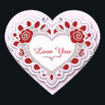 Adesivo Coração Cartão de Coração de Renda Delicada<br><div class="desc">Um desenho decorativo de coração com bordas de renda branca e espirais florais fluindo em um fundo rosa suave. Perfeito para o Dia dos Namorados,  convites de casamento,  romance ou projetos de estoque temáticos de amor.</div>