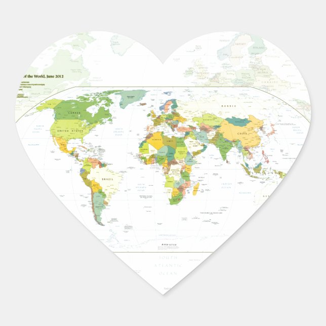 Adesivo Coração Cartaz do Atlas Político do Mapa Mundial: Decoraçã (Frente)