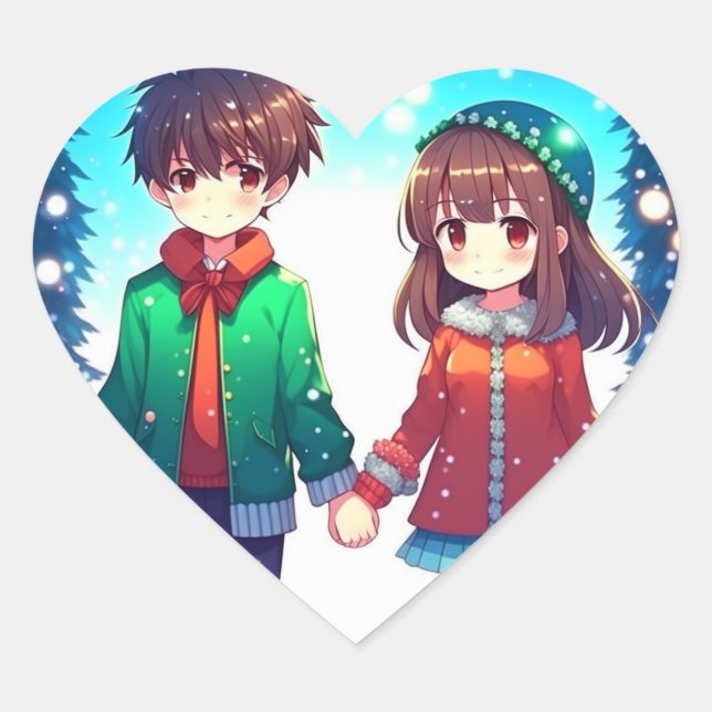 Adesivo Coração Casal de anime bonito segurando as mãos no Natal (Frente)