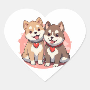 Adesivo Coração Casal de Cachorro Japonês com Corações