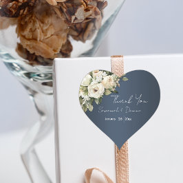 Adesivo Coração Casamento Azul Boho Dusty, Buquê de Rosa Branca