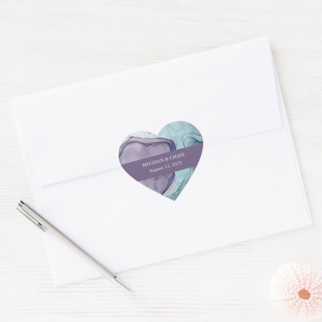 Adesivo Coração Casamento com Álcool Teal Roxo de Plum Moderno (Envelope)
