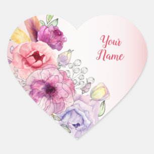 Adesivo Coração Casamento com Aquarela Dourada Floral de Pêssego C