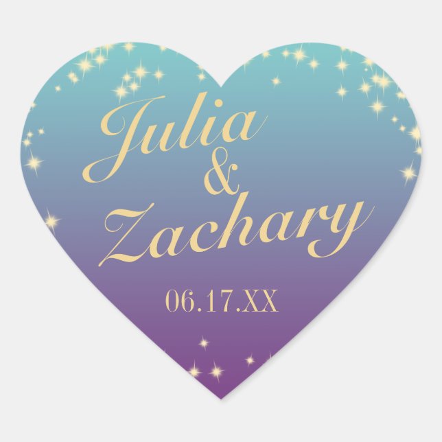 Adesivo Coração Casamento com Púrpura de Teal de Ombre, Estrelas T (Frente)