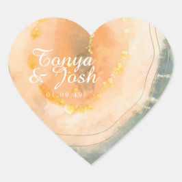 Adesivo Coração Casamento Coral de Geodes de Aquarela Agate