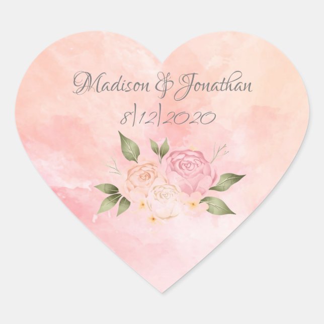 Adesivo Coração Casamento de Aquarela Floral Rosa Elegante (Frente)