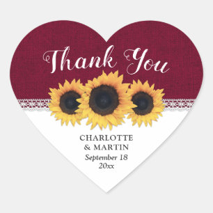 Adesivo Coração Casamento De Burgundy Burlap Sunflower Obrigado