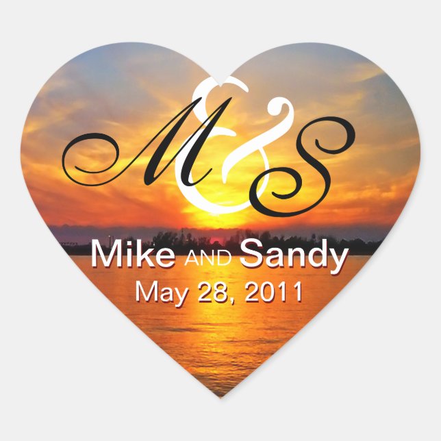 Adesivo Coração Casamento de Destino de Monograma de Oceano Sunset (Frente)