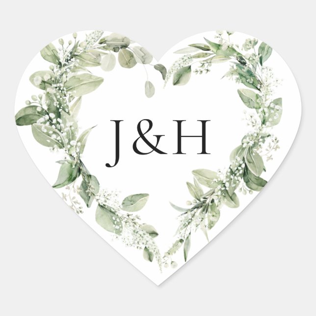 Adesivo Coração Casamento de Flores Brancas Luxuriantes e Folhagen (Frente)