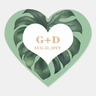Adesivo Coração Casamento de Folha de Palma Tropical