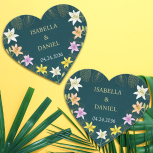 Adesivo Coração Casamento de Lily Floral Exótica com Folhas Tropic