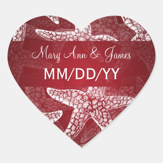 Adesivo Coração Casamento de Praia Data Starfish Red (Frente)