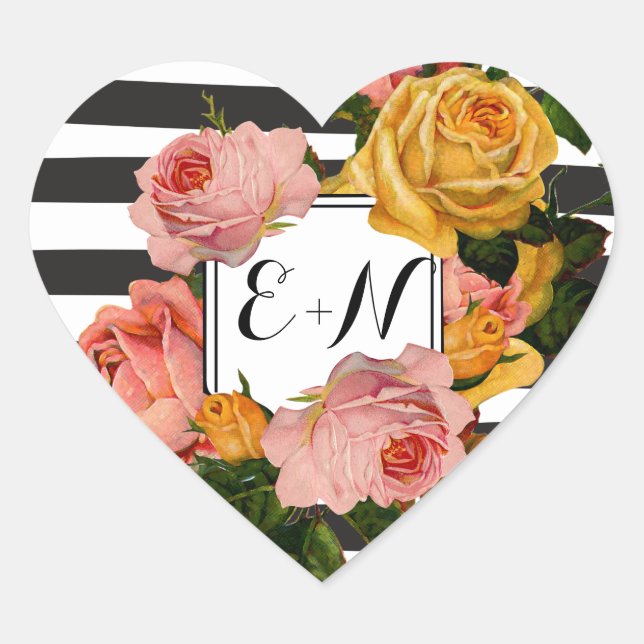 Adesivo Coração Casamento de Rosas de herança de faixa preta elega (Frente)