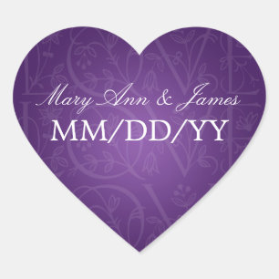Adesivo Coração Casamento Elegante Data Amor Roxo Floreado
