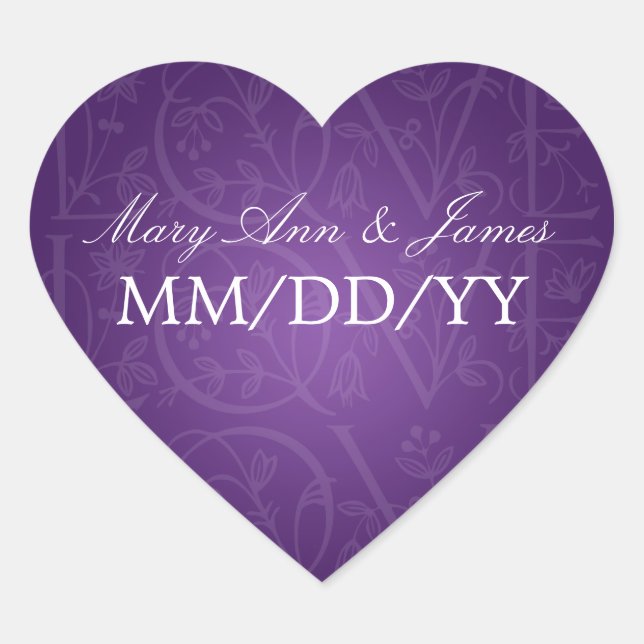 Adesivo Coração Casamento Elegante Data Amor Roxo Floreado (Frente)