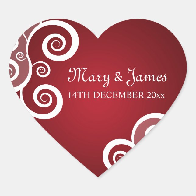 Adesivo Coração Casamento elegante Data Brancos Vermelho (Frente)