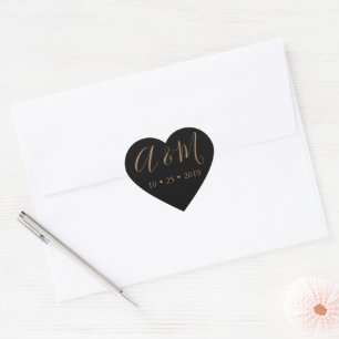 Adesivo Coração Casamento Elegante de Monograma Dourado Negro
