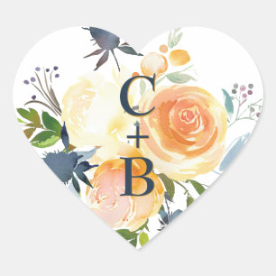 Adesivo Coração Casamento floral da aguarela dos azuis marinhos e