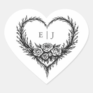 Adesivo Coração Casamento Floral Desenhado à Mão Preto Branco Mode
