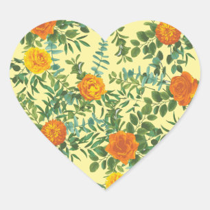 Adesivo Coração Casamento Floral Laranja e Amarelo Claro e Rosa