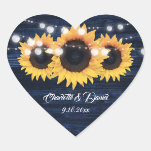Adesivo Coração Casamento Floral Rústico de Girassol Azul Marinho