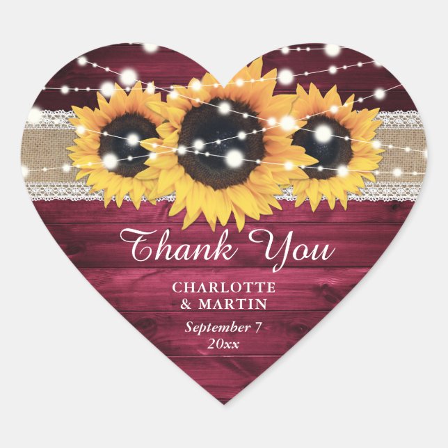 Adesivo Coração Casamento Rústico Burgundy Burlap Lace Girassol (Frente)