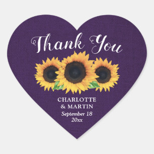 Adesivo Coração Casamento Rústico De Girassol Roxo Obrigado