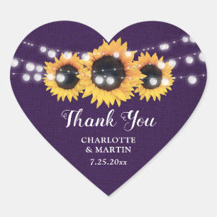 Adesivo Coração Casamento Rústico De Girassol Roxo Obrigado