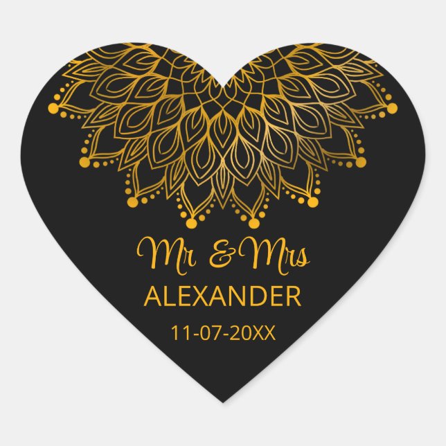 Adesivo Coração Casamento simples e elegante de ornamentado negro (Frente)