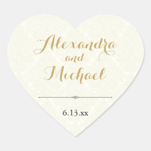 Adesivo Coração Casamento tema damasco negro Dourado marfim elegan