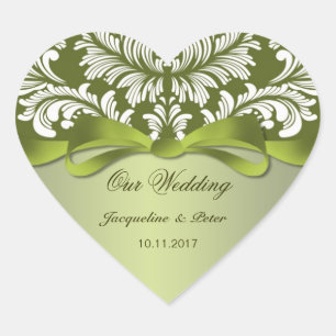 Adesivo Coração Casamento verde e branco do damasco