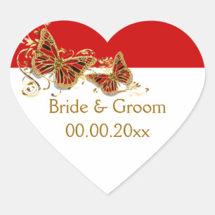 Adesivo Coração Casamento vermelho da borboleta do ouro branco
