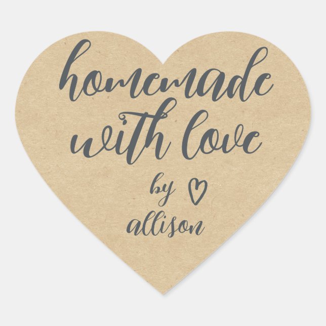 Adesivo Coração Caseiro com Amor Papel Kraft Personalizado  (Frente)