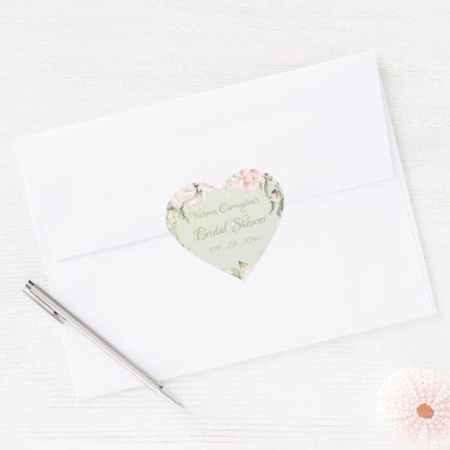 Adesivo Coração Chá de Bebê Rosa Elegante e Floral Verde Pastel (Envelope)