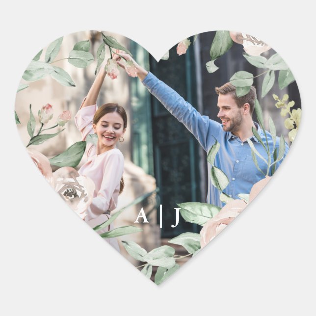 Adesivo Coração Chic Blush Floral com Casamento de Foto Monograma (Frente)