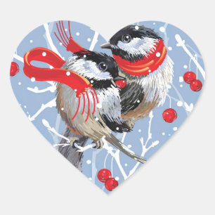 Adesivo Coração Chickadees Cuddling Adoram o Natal