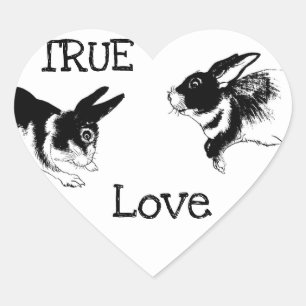 Adesivo Coração Coelhos negros e brancos, "VERDADEIRO AMOR"