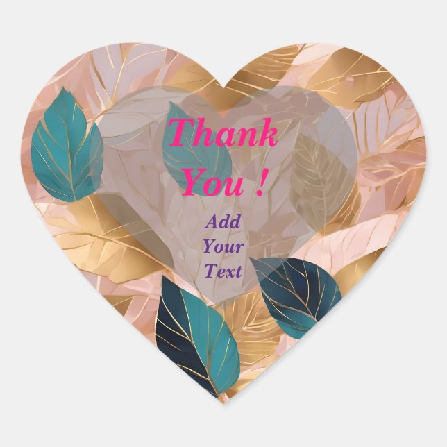 Adesivo Coração Coleção Moderna de Folhas Boho em Rosa Dourado (Frente)