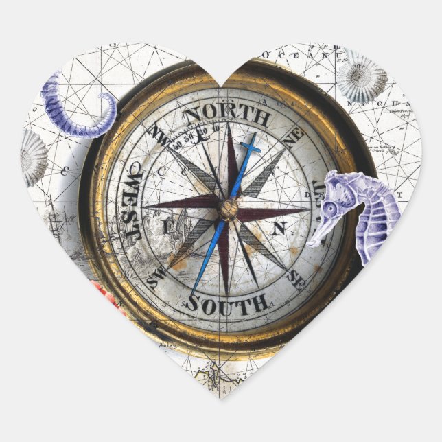 Adesivo Coração Compass Vintage Náutico (Frente)