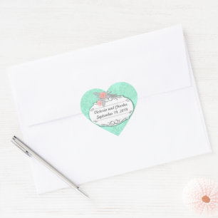 Adesivo Coração Convite de Casamento Damask Moderno Menta