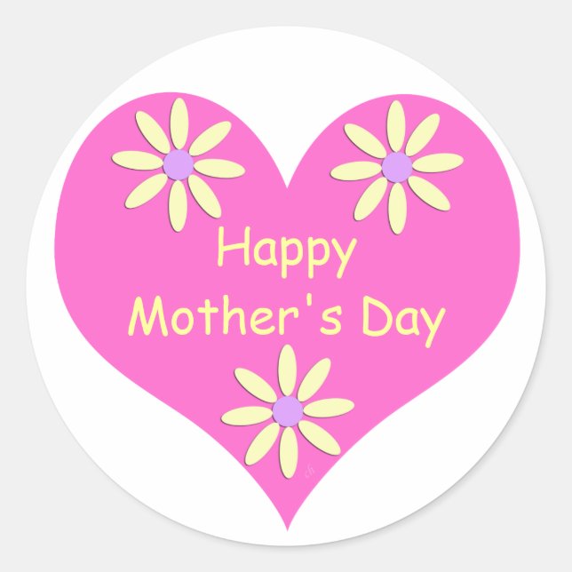 Adesivo Coração Cor-de-Rosa dia de as mães e Flores Amarel (Frente)