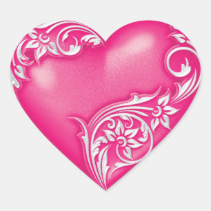 Adesivo Coração Cor - de-rosa quente com rolagem branca