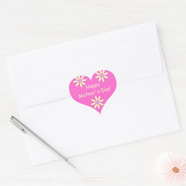 Adesivo Coração Coração Cor-de-Rosa dia de as mães e Flores Amarel (Envelope)