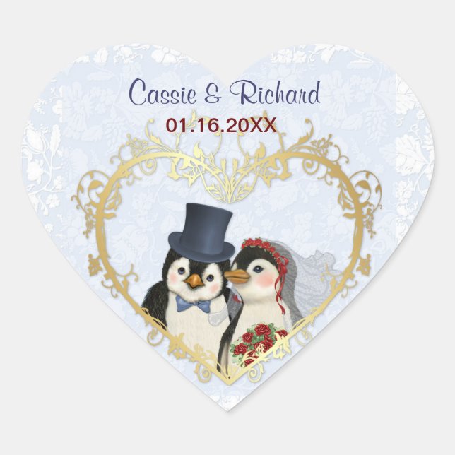 Adesivo Coração Coração de Casamento de Pinguins - Personalizar (Frente)