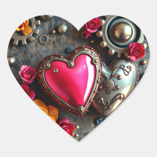 Adesivo Coração Coração Rosa e Engrenagens Metálicas Steampunk