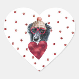 Adesivo Coração Coração Rosa Vermelho Patas Borda Collie Cachorro 